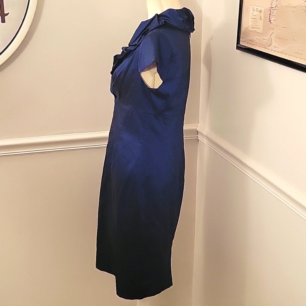 Navy Ruffled V-Neck Sheath Dress - Picture 5 of 6